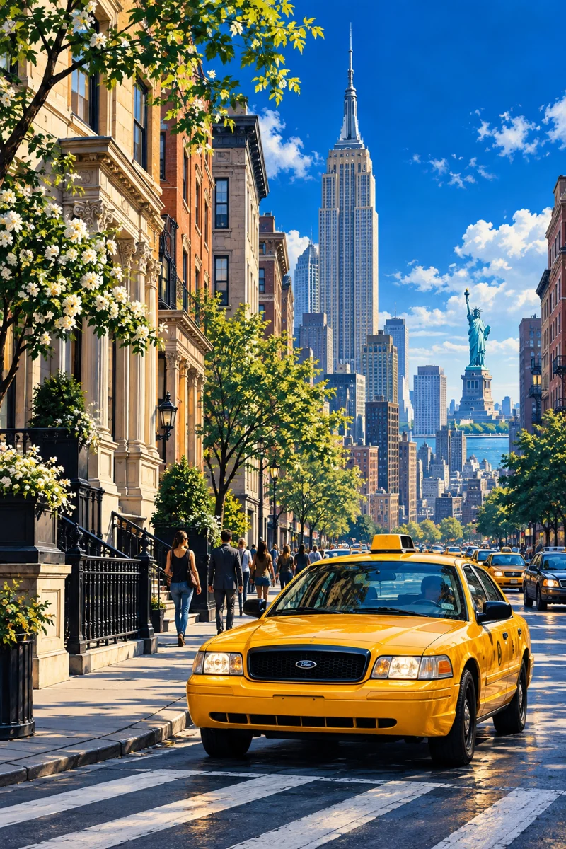 Ilustração de Nova York com um táxi amarelo e edifícios de Manhattan